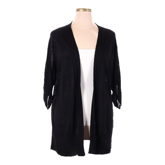Talbots XL Black Linen Blend Roll Tab Sleeve Open Cardigan Lightweight Classic - Picture 1 of 8